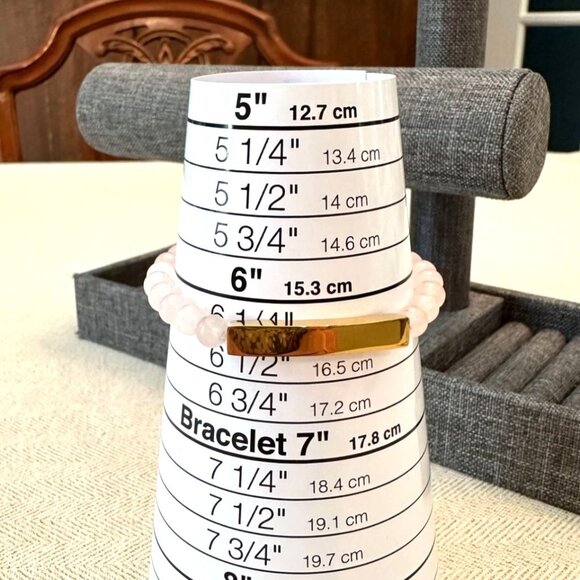 Rose Quartz Beaded Bracelet With 18K Gold Over Stainless Steel Engravable Bar - Picture 2 of 4